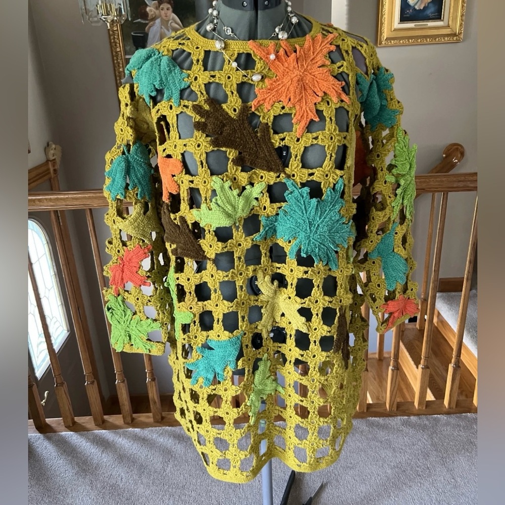 Michael Simon L XL XXL Open Knit Crochet Sweater Fall Leaves #2